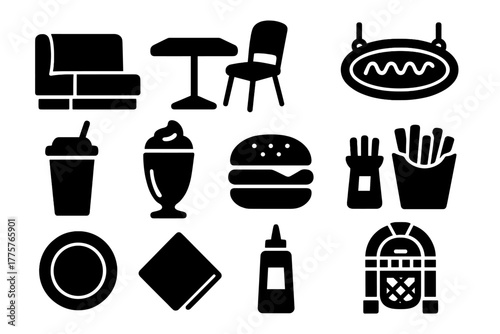 Retro Diner Icons. Solid style icons of Diner Elements: Booth, Table, Chair, Neon Sign, Soda, Milkshake, Burger, Fries, Plate,