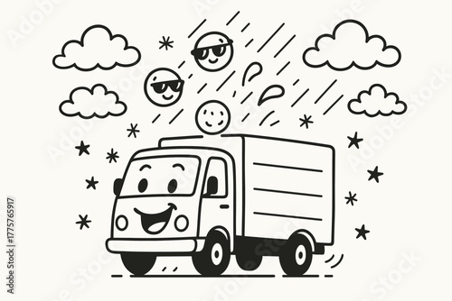 Hailstone Party. Funny doodle vector composition of hailstones wearing sunglasses, bouncing off a cheerful truck while doodle