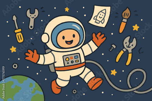 Joyful Spacewalk Practice. Cheerful spacewalk practice scene, astronaut tethered, surrounded by tiny floating doodle tools