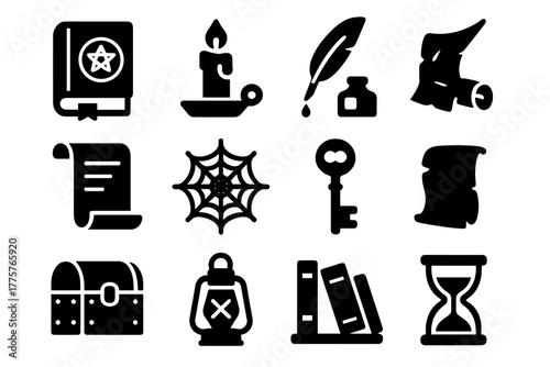 Mystic Library Icons. Solid style icons of Mystic Library: Ancient Tome, Candle, Quill, Fading Ink, Scroll, Cobweb, Key, Chest,