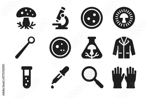 Mushroom Lab Icons. Solid style icons of Mushroom Lab: Mycelium, Microscope, Petri Dish, Spore Print, Inoculation Loop, Agar Plate