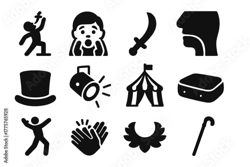 Circus Dare Icons. Solid style icons of Circus Dare: Performance, Audience Gasp, Curved Sword, Throat, Top Hat, Spotlight, Circus