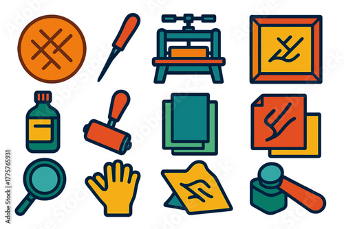 Copper Engraving Icons. Flat vector icons of Copper Engraving Artifacts: plate, etching, burin, press, print, frame, ink, roller,