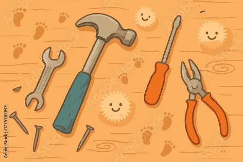 Workshop Whimsy. Playful workshop floor with scattered tools, tiny doodle footprints, and happy dust motes