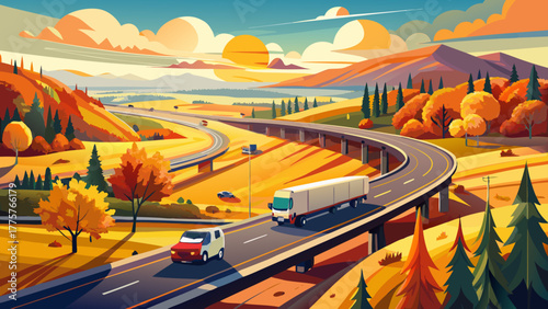Very beautiful view of a rural American freeway with fast-moving cars and trucks during fall at sunset, showcasing vibrant autumn foliage, open countryside, and interstate transportation infrastructur