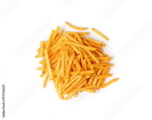 Fried chips sticks isolated, finger potato chips, golden shoestring fries pile, French fries