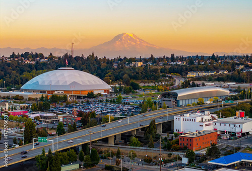 Panoramic Aerial Sunset View of Tacoma Skyscrapers with Mount Rainier