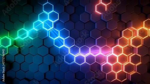 Glowing 3D hexagonal pattern with vibrant neon lights in blue, green, and purple tones creating a pulsating futuristic tech background