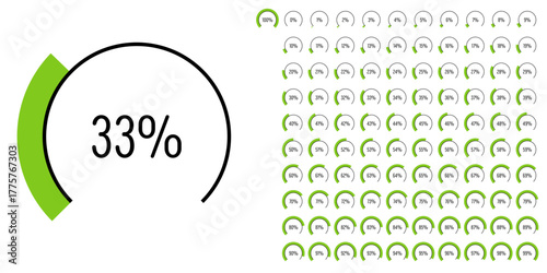 Set of circular sector arc percentage diagrams meters progress bar from 0 to 100 ready-to-use for web design, user interface UI or infographic - indicator with green