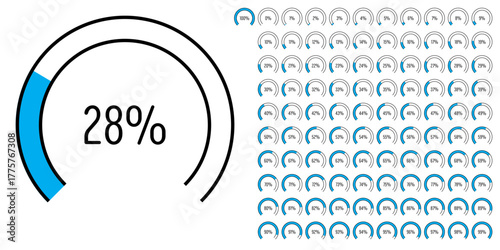 Set of circular sector arc percentage diagrams meters progress bar from 0 to 100 ready-to-use for web design, user interface UI or infographic - indicator with blue