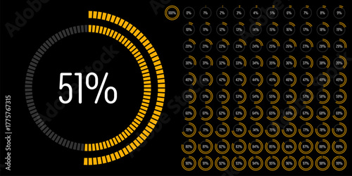 Set of circle percentage progress bar diagrams meters from 0 to 100 ready-to-use for web design, user interface UI or infographic - indicator with yellow