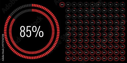 Set of circle percentage progress bar diagrams meters from 0 to 100 ready-to-use for web design, user interface UI or infographic - indicator with red
