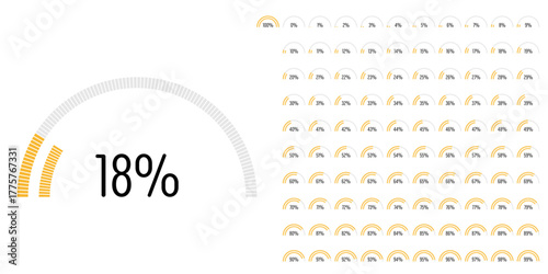 Set of semicircle percentage progress bar diagrams meters from 0 to 100 ready-to-use for web design, user interface UI or infographic - indicator with yellow