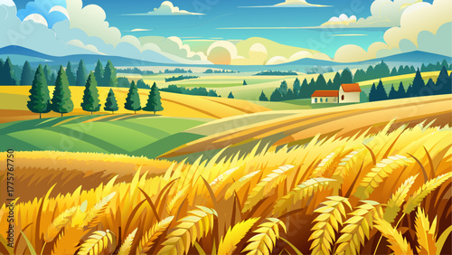 A panoramic view of golden wheat fields under a clear blue sky in the countryside, radiating calm and summer warmth