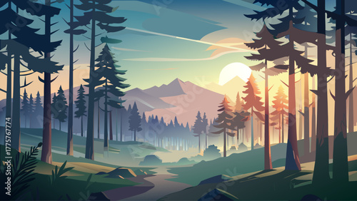 A panoramic view of a misty pine forest at dawn, soft sunlight filtering through the tall trees