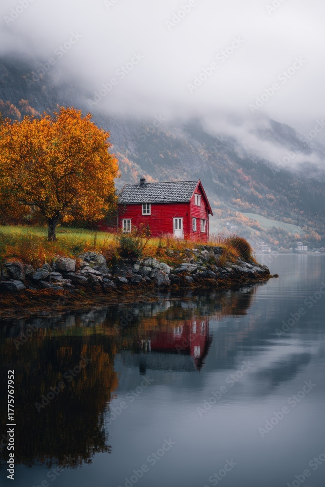 Fototapeta premium A serene red house stands gracefully beside a tranquil lake, enveloped by vibrant autumn trees and majestic mountains, all shrouded in a mystical morning mist