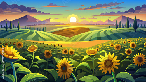 A wide landscape of blooming sunflower fields facing the sunrise, bright yellow petals glowing with early morning light