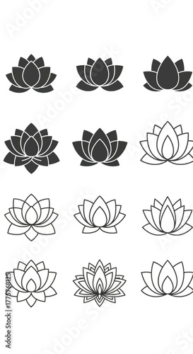 Collection of Lotus Flower Illustrations in Various Styles.