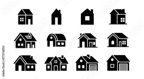 Collection of various house icons in black silhouette on a white background.