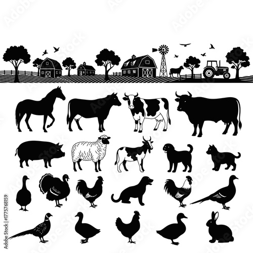 Farm animal silhouettes collection, diverse livestock and poultry, black and white.