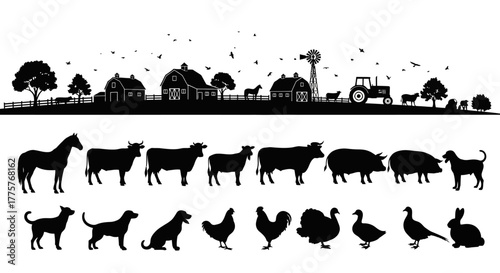 Farm animal silhouettes collection featuring various livestock and poultry species.