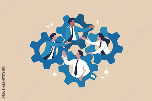 Teamwork and synergy concept business people collaborating within interlocking gears for success and growth