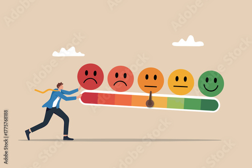 Customer feedback meter with diverse facial expressions from unhappy to happy showing satisfaction scale and employee input