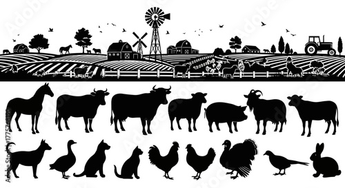 Farm animal silhouettes in a row, including horse, cow, pig, and rabbit.