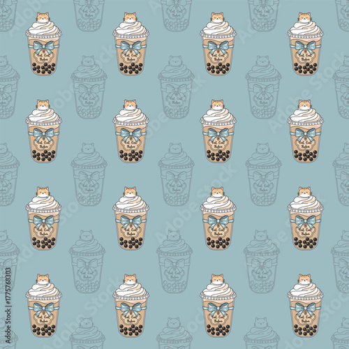 Seamless pattern. Illustration of a glass of bubble tea in a cute fat cat theme.