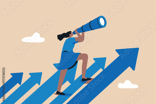 Businesswoman climbing upwards on blue arrows with a spyglass searching for future opportunities and success in career growth
