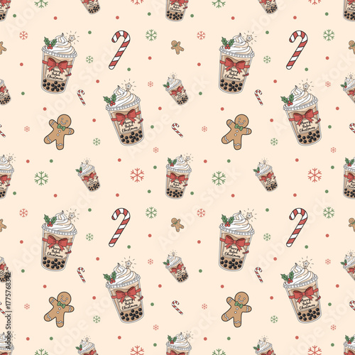 Seamless pattern. Bubble milk tea with Christmas theme.