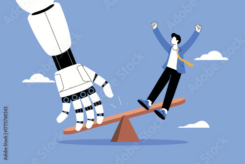 Robot arm balances man on seesaw exploring future technology and human interaction dynamics