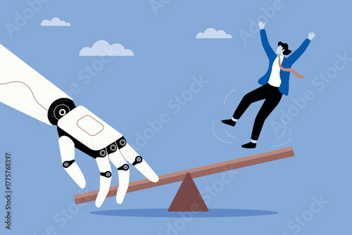Robot arm and human on seesaw symbolizing automation impact and future work challenges in business