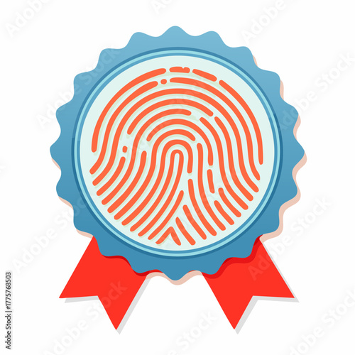 Unique imprint badge with red ribbon and blue scalloped border emblem