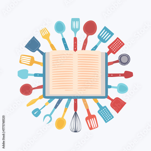 Cooking concept with cookbook surrounded by kitchen utensils on white