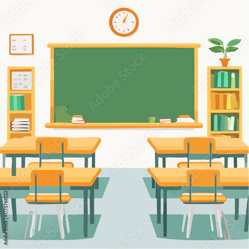 Empty classroom interior includes desks, chairs, chalkboard and book shelves