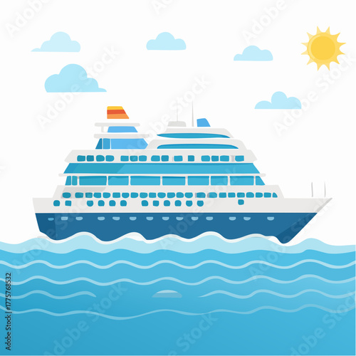 Cruise liner sails across the ocean on a sunny afternoon near Islands