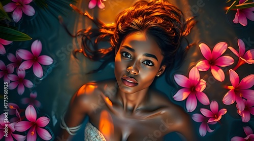 Young ethnic woman floating in water with pink exotic flowers 
