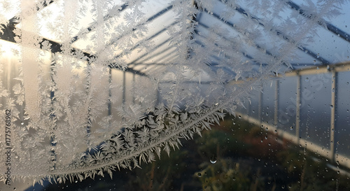 Frosty greenhouse window with ice patterns in winter morning light  