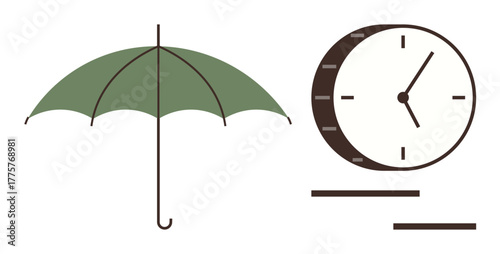 Green umbrella symbolizing protection paired with a clock highlighting time management. Ideal for concepts thumbs up security, scheduling, planning, balance, deadlines, care, and longevity. Simple