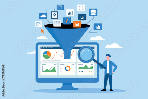 Data analysis funnel on computer screen with charts and graphs business intelligence concept visual