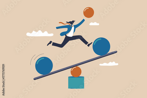 Businesswoman leaps across balancing balls symbolizing agility and success in competitive markets achieving goals