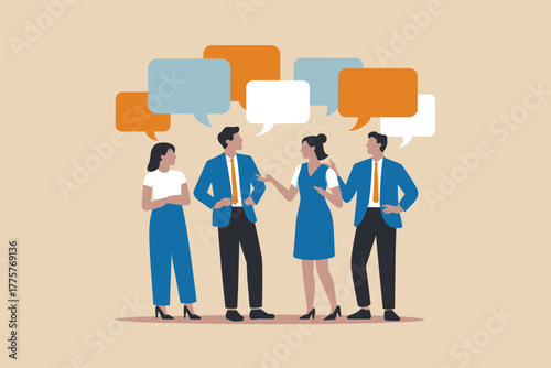 Diverse group of professionals collaborating and communicating ideas in a meeting setting with speech bubbles