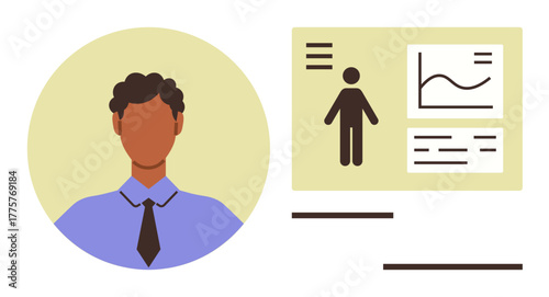 Man with tie next to infographic combining demographic details, analytics chart, and statistics. Ideal for data analysis, business profile, HR management, education, marketing, strategy simple flat