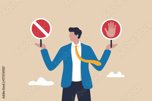 Businessman holding stop and go signs presenting a decision-making dilemma choice or direction confusion concept art