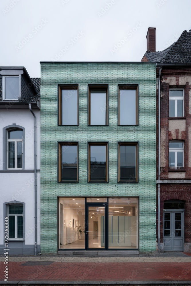 Fototapeta premium Modern green brick building contrasts with traditional architecture on a quiet street in a suburban area, showcasing a clean and unique design during overcast weather