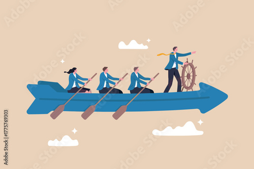 Teamwork propels business forward on arrow of success dynamic business team rowing together towards goals leadership and strategy