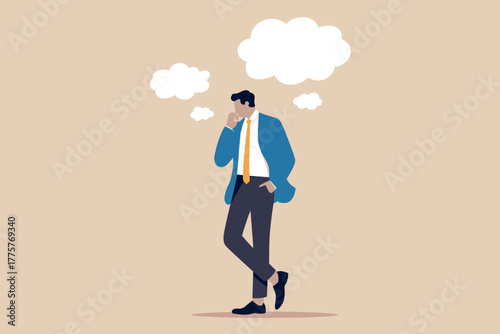 Business man lost in thought with empty speech bubbles symbolizing ideas strategy decision making and conceptualization