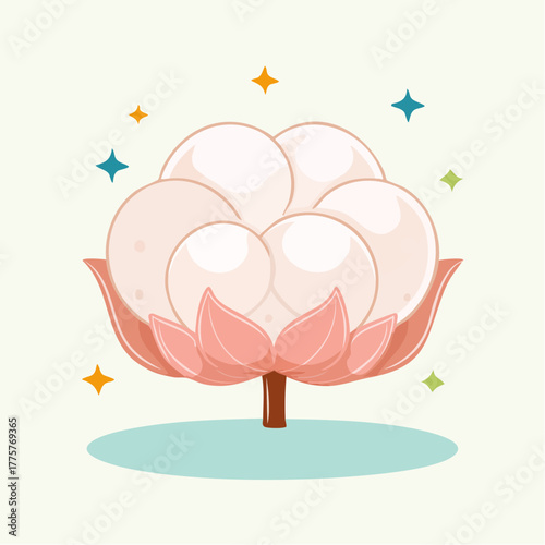 Delicate White Cotton Flower Blossom Surrounded by Sparkling Stars on a Soft Yellow Background