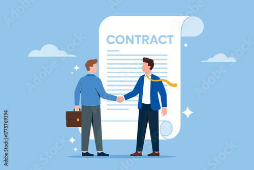 Business partnership agreement handshake with contract document symbolizing successful deal and collaboration